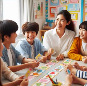 A teacher leading an interactive English activity with enthusiastic Japanese students.