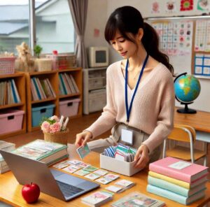 A teacher organizing flashcards and textbooks for an English lesson in a Japanese classroom.