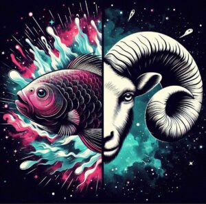 Pisces fish and Aries ram symbols representing March zodiac signs.