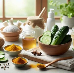 Natural remedies for dark circles including cucumbers, coconut oil, turmeric, tea bags, and a cold eye mask.