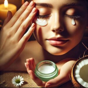 Gently massaging coconut oil under the eyes to moisturize and reduce dark circles.