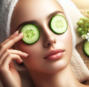 Fresh cucumber slices placed on eyes to hydrate and reduce dark circles.