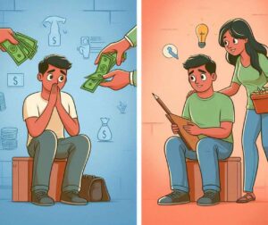 On the left, a person gives money to someone who is sitting idly. On the right, a person is helping another by offering advice, tools, or resources to help them become more independent, like helping with job search or budgeting.