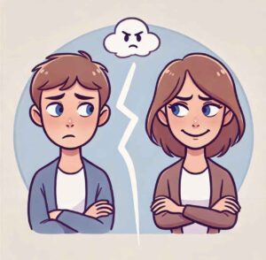 Recognizing guilt-tripping: One person uses passive-aggressive body language while the other remains calm.