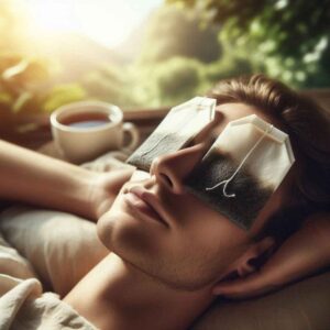 Relaxing with tea bags over the eyes to reduce puffiness and dark circles.