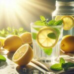 Glass of lemon water with fresh lemons and mint leaves in the morning sunlight.