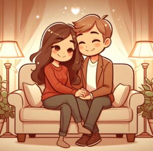 A happy couple sitting together on a couch, holding hands and smiling warmly.