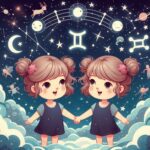 Gemini twins under a starry sky, symbolizing curiosity, wit, and adaptability.