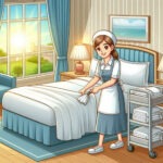 Hotel room cleaner tidying a bright guestroom as one of the in demand cleaning job in the market.