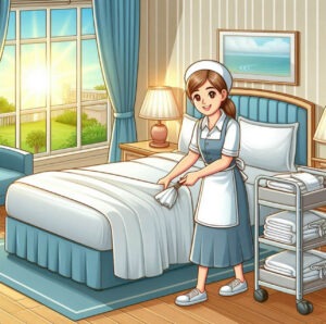Hotel room cleaner tidying a bright guestroom as one of the in demand cleaning job in the market.