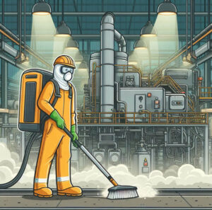 Factory cleaner working around heavy equipment.