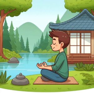 Meditation outdoors by a lake, reducing stress and focusing on mindfulness.