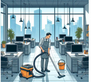 Office cleaner tidying workspace after hours.