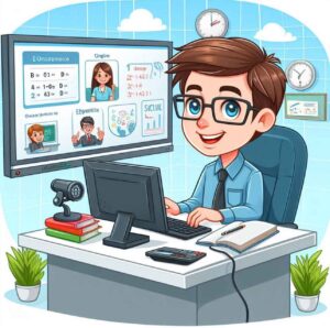 Online teacher conducting a virtual class with student avatars on a video call.