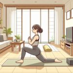 Beginner yoga practice at home in a calm and spacious room, with a yoga mat, block, and natural light.