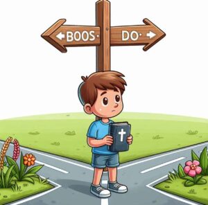 Person standing at a crossroads with Bible verses showing common misinterpretations.