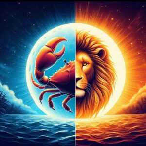 Cancer and Leo zodiac signs with a moon and sun background.