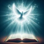 Glowing dove above an open Bible, symbolizing the Holy Spirit’s guidance in prayer.