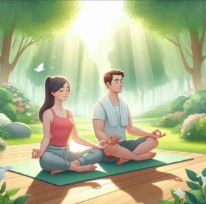 A couple meditating in a peaceful garden, symbolizing the role of stress management in heart health.