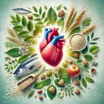 Illustration of a healthy heart surrounded by oats, fish, nuts, and greenery, symbolizing natural ways to lower cholesterol.