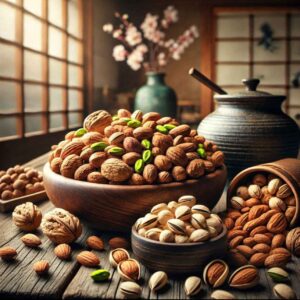 Assorted nuts like almonds and walnuts spilling from a bowl, symbolizing their role in lowering LDL cholesterol.