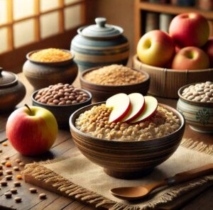 Bowl of oatmeal with apples, surrounded by beans and lentils, highlighting the power of soluble fiber.