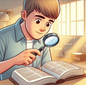 Person examining the Bible closely with a magnifying glass, symbolizing deep study.