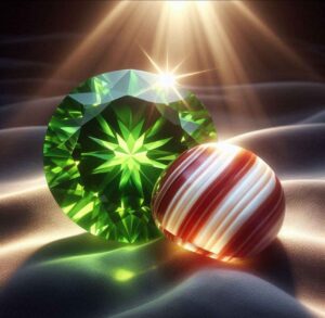 Green peridot and red-and-white sardonyx gemstones representing August birthstones.