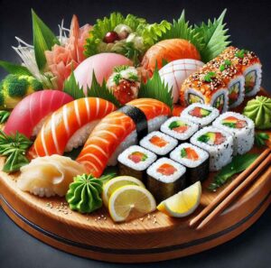 Platter of sushi with fresh fish, highlighting omega-3 fatty acids.