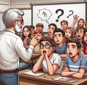 A student is called on unexpectedly in class, looking surprised but thoughtful.