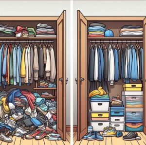 Comparison of a cluttered closet and a neatly organized one, showing the impact of the 80/20 rule on decluttering.