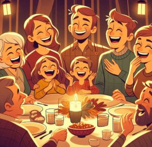 A family laughing together at a dinner table, showing humor in daily life.