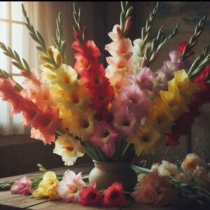 Colorful gladiolus flowers in a vase, the birth flower of August.