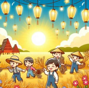 Harvest celebration with wheat fields and floating lanterns, symbolizing August festivities.