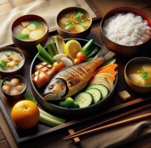 Healthy Japanese meal with grilled fish, rice, and vegetables.