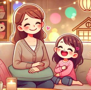 A mother and a daughter sitting on a couch laughing, showing laughter as a natural stress reliever.