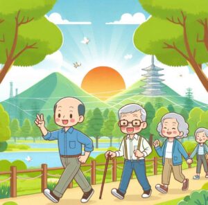 Elderly Japanese individuals walking in a park, reflecting Japan’s active lifestyle.