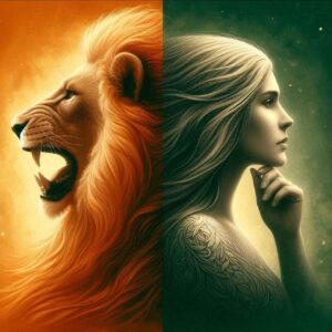 Illustration of a lion for Leo and a serene figure for Virgo, the zodiac signs of August.