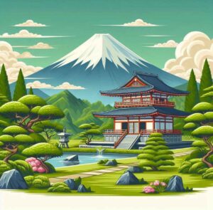 Traditional Japanese landscape with Mount Fuji, lush gardens, and Japanese architecture.