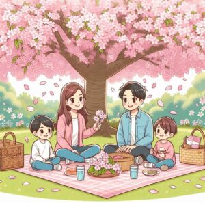 A family enjoying a hanami picnic under cherry blossoms in Japan.