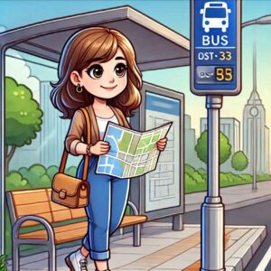 Traveler holding a map at a bus stop in Japan.