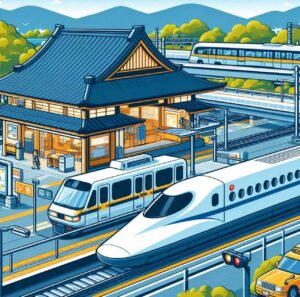 Various modes of transportation in Japan, including Shinkansen, subway, bus, and taxi.