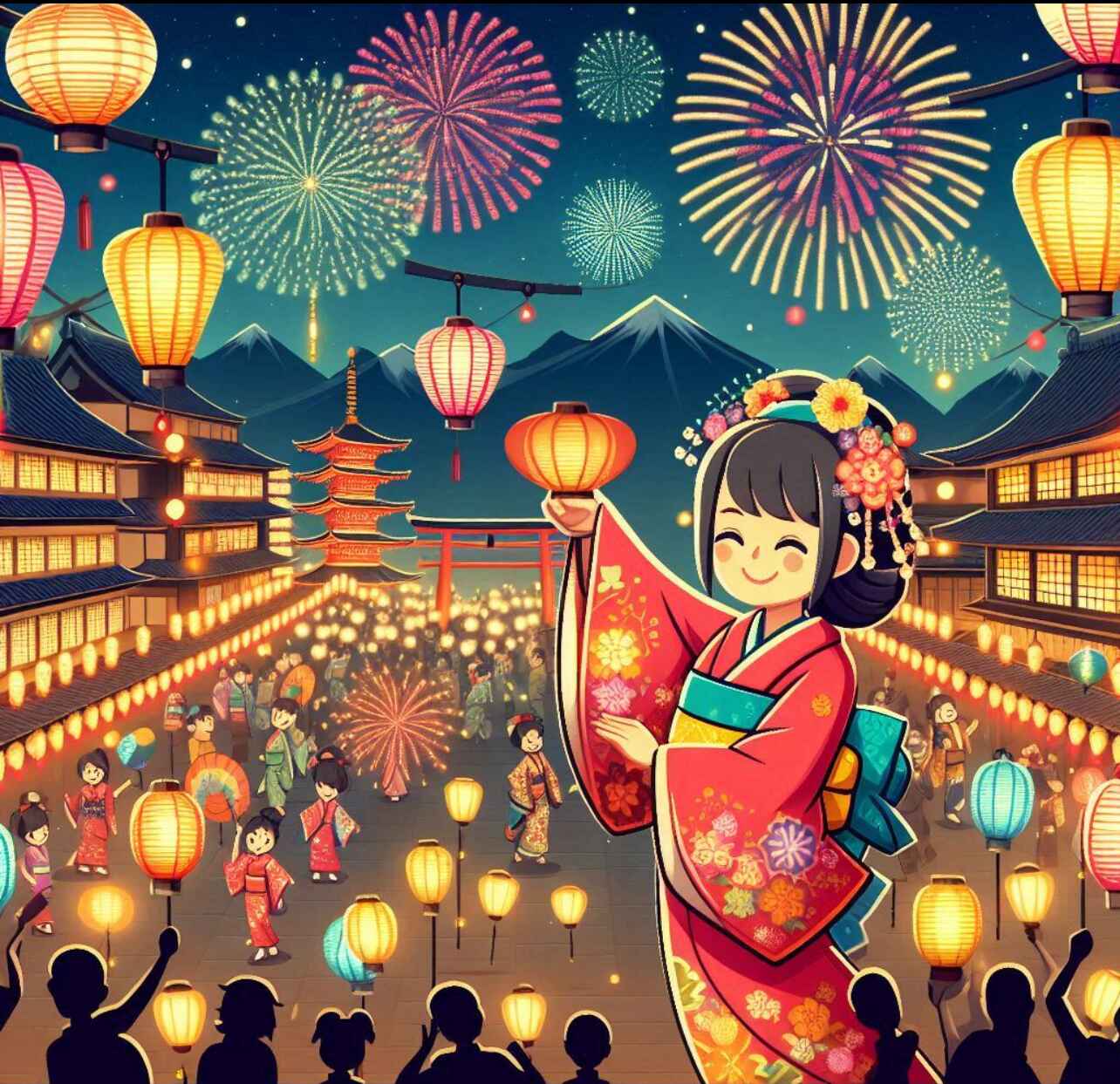 Vibrant Japanese festival scene with lanterns, fireworks, and traditional attire.