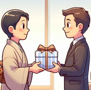 A Japanese gift exchange where one person hesitates before accepting a wrapped present, symbolizing obligation and gratitude.