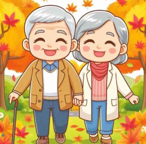 Elderly couple walking in a park during autumn, symbolizing health and longevity of September-born people.