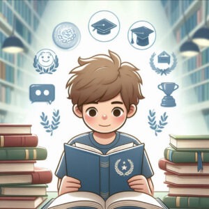 Student in a library with glowing symbols of achievement representing intelligence and success.