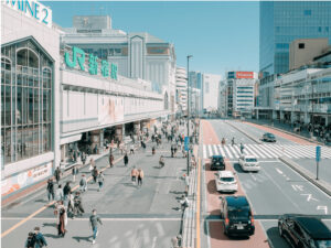 Tokyo train station during rush hour, showing commuters waiting for trains in an organized and efficient environment.