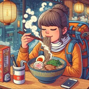 Traveler enjoying ramen at a Japanese noodle shop.