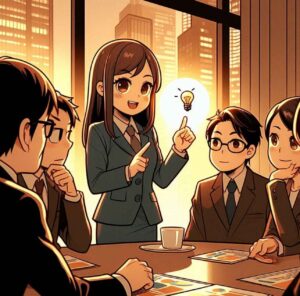 A Japanese office meeting showing another unspoken rule, where one person speaks while others remain silent, exchanging subtle glances, illustrating unspoken social cues.