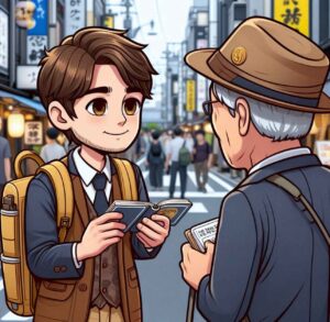 Traveler using a notebook with basic Japanese phrases to to speak with a Japanese man on the a street as a way to beat language barrier.